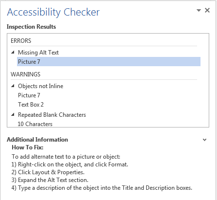 Image demonstrates location of Additional Information in the Accessibility Checker task pane.
