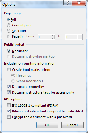 Image demonstrates location of Document structure tags for accessibility option in the PDF Save Options dialog.