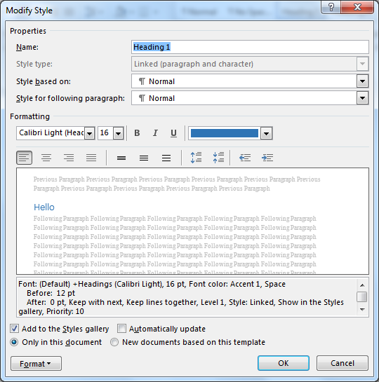 Image demonstrates the modify style dialog box. The name of the style is the first textbox followed by the styles it is based on and then the numerous style setting controls.