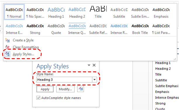 Image demonstrates how the user can typle 'Heading 3' into the Apply Styles dialog.