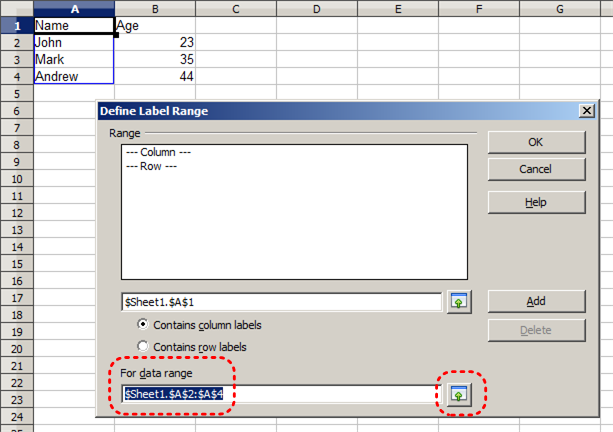 Image demonstrates location of data range box and Maximize button in Define Label Range dialog.