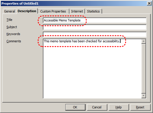 Image demonstrates location of Title box and Comments box in Properties dialog.