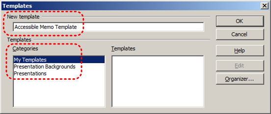 Image demonstrates location of New template name box and Categories list in Templates dialog.