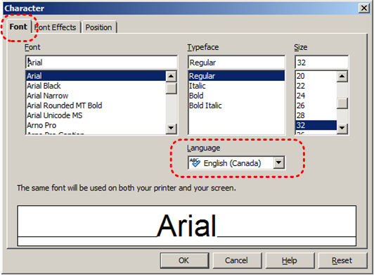 Image demonstrates location of Font tab and Language option in Character dialog.