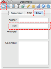 Image demonstrates location of Document button, Info tab, and Title box in the Inspector dialog.