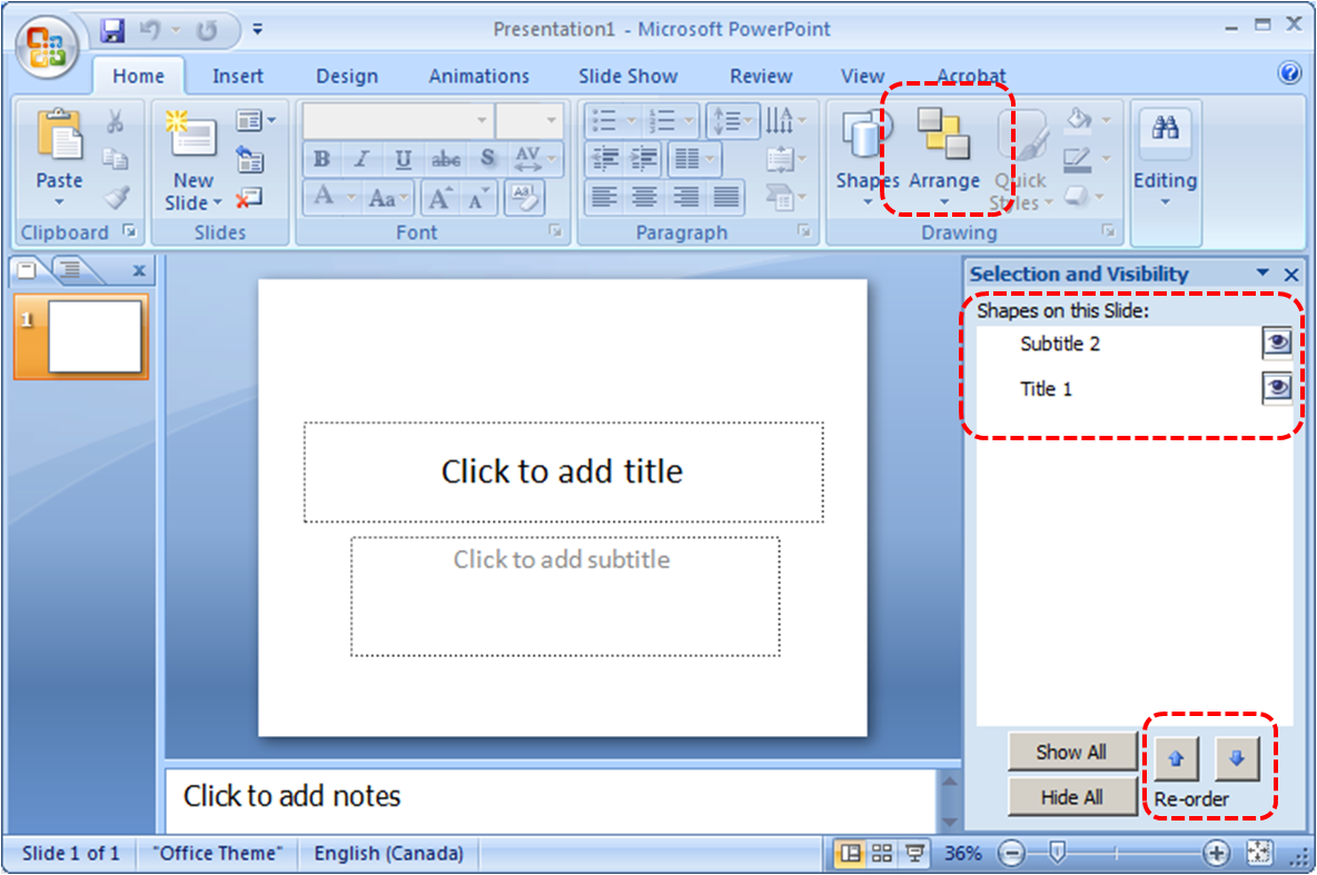 Image demonstrates location of Arrange option, reverse chronological list of elements in the Selection and Visibility pane, and Re-order buttons.