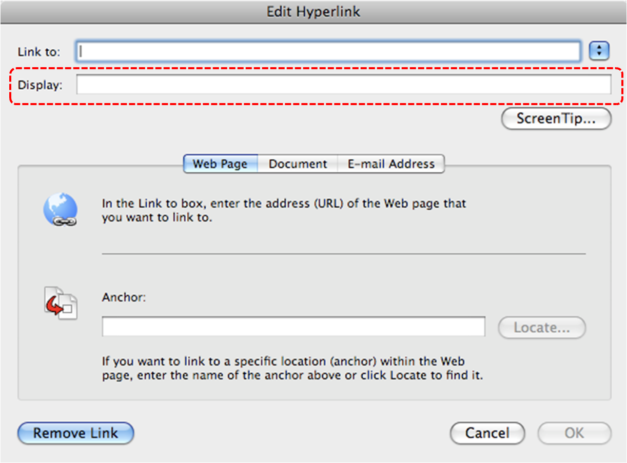 Image demonstrates location of Display box in the Edit Hyperlink dialog.