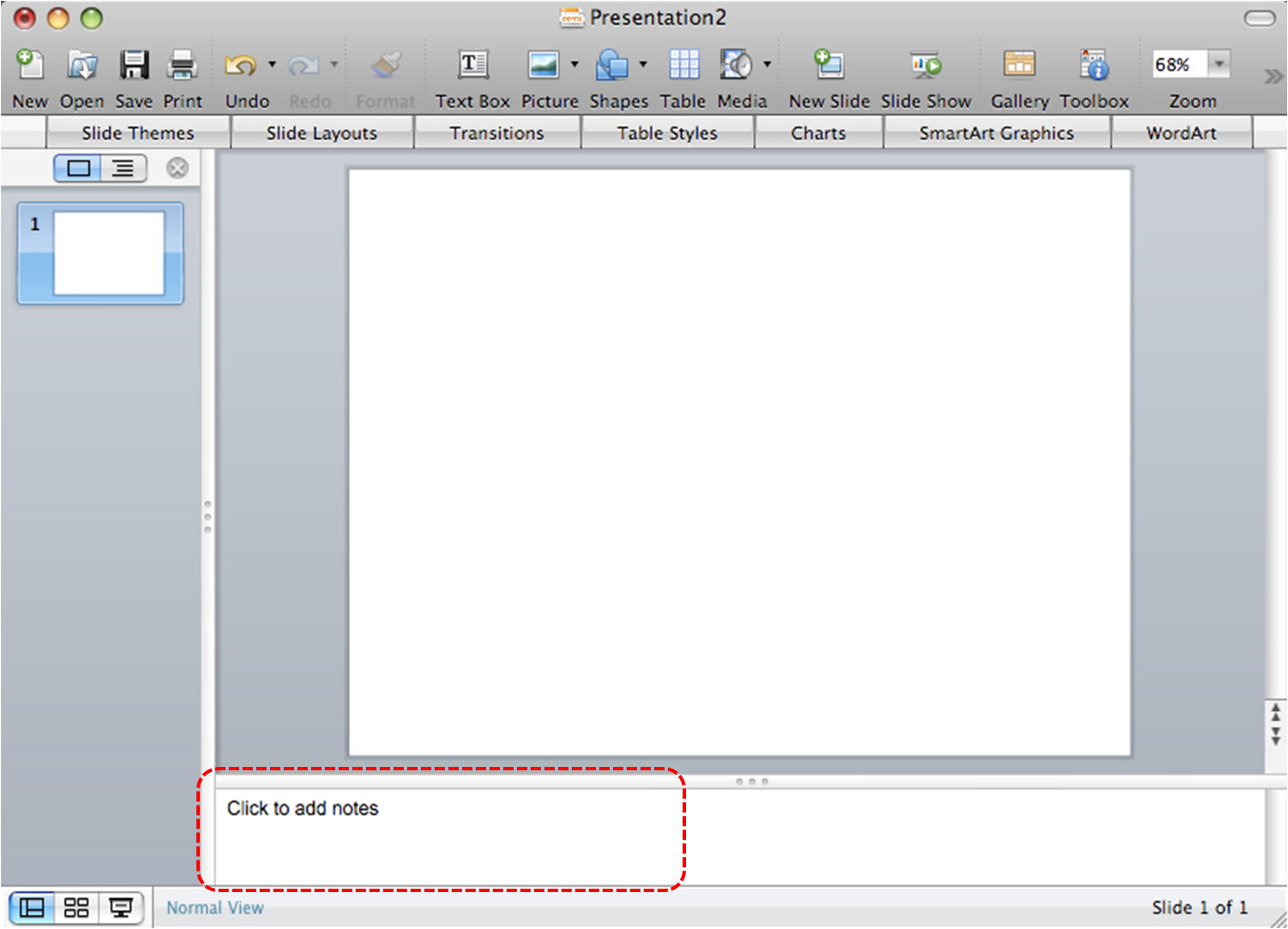 Image demonstrates location of Notes Pane in the normal view.