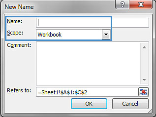 Image demonstrates location of Name box and Scope option in New Name dialog.