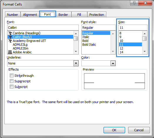 Image demonstrates location of Font tab and Size option in Format Cells dialog.