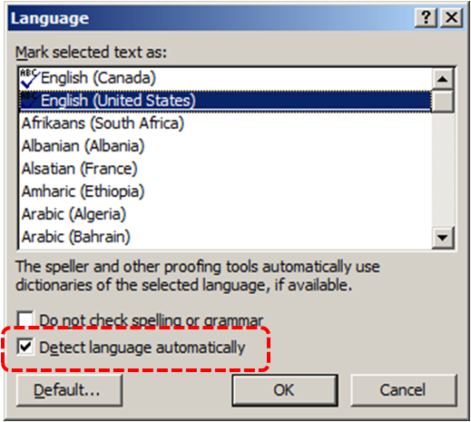 Image demonstrates location of the Detect language automatically check box in the Language dialog.