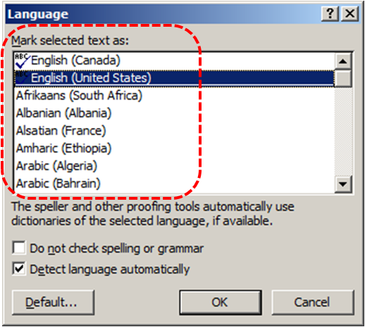 Image demonstrates location of the Mark selected text as language list in the Language dialog.