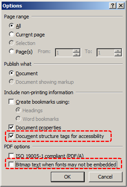 Image demonstrates location of Document structure tags for accessibility option and Bitmap text when fonts may not be embedded option in Options dialog.