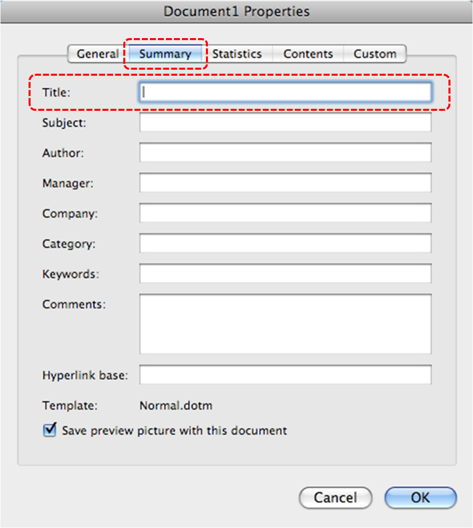Image demonstrates location of Summary option and Title box in Document Properties dialog.