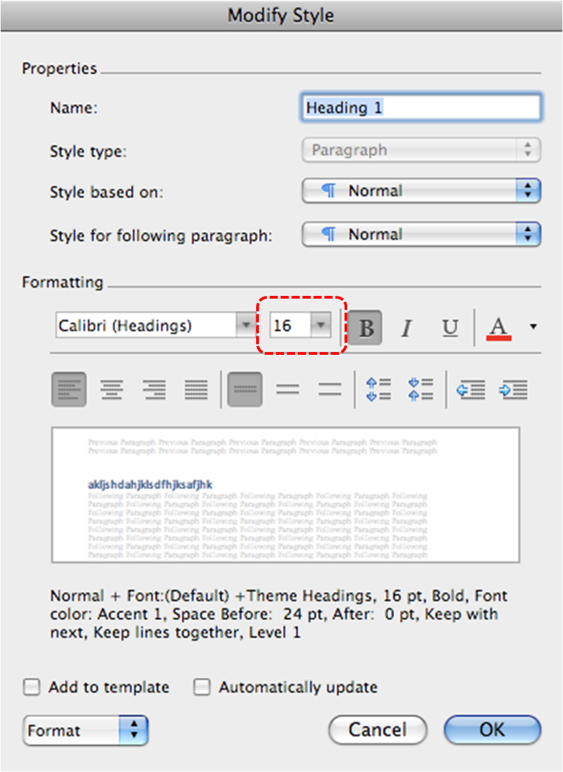 Image demonstrates location of size option in Formatting section of Modify Style dialog.