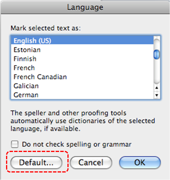 Image demonstrates location of Default... button in Language dialog.
