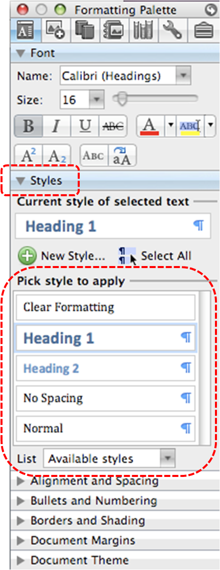 Image demonstrates location of Styles section and headings list under Pick style to apply in the Formatting Palette.