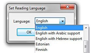 Image show a pop up language box where the user can set the language of the document.
