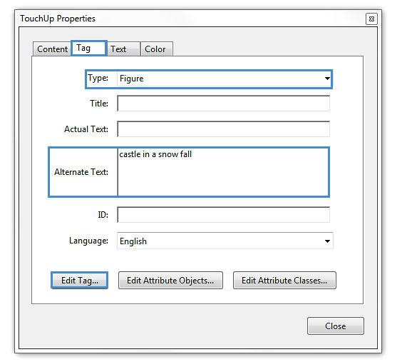 Image demonstrates the changes required in the touch up properties dialog box.