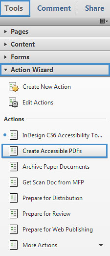 Image locates “create accessible PDF’s” in the tool bar drop down menu.