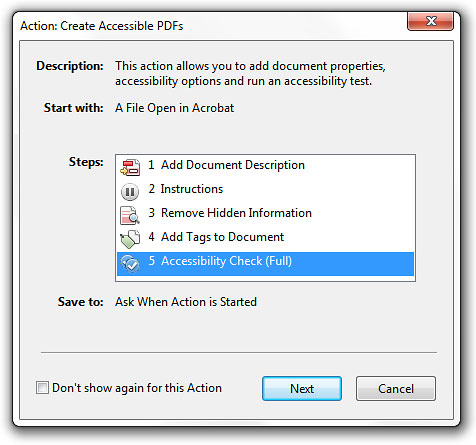Image locates "5 Accessibility Check (full)" in the Action: Create Accessible PDF's dialog box.