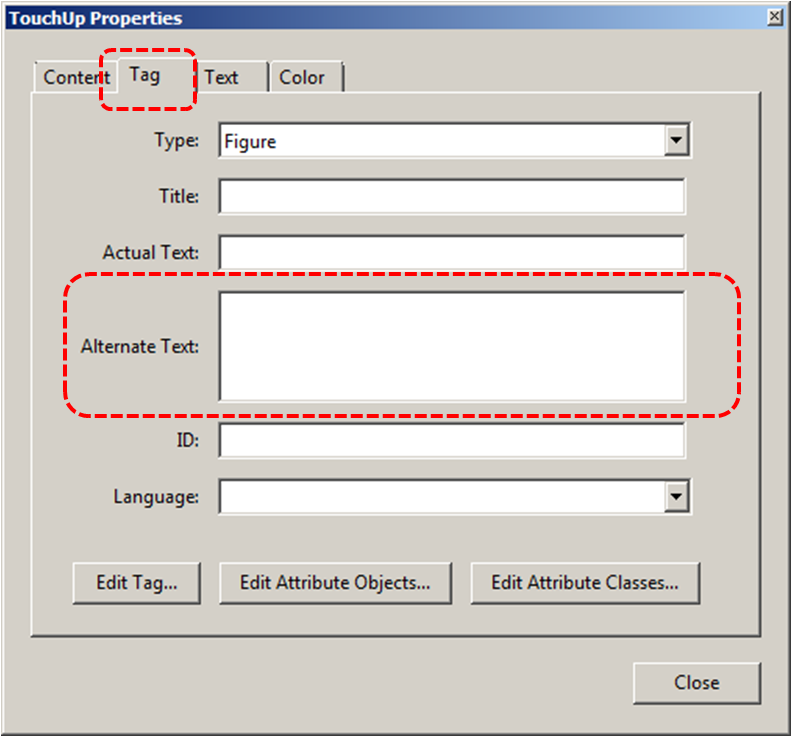Image demonstrates location of Tag tab and Alternate text box in the TouchUp Properties dialog.