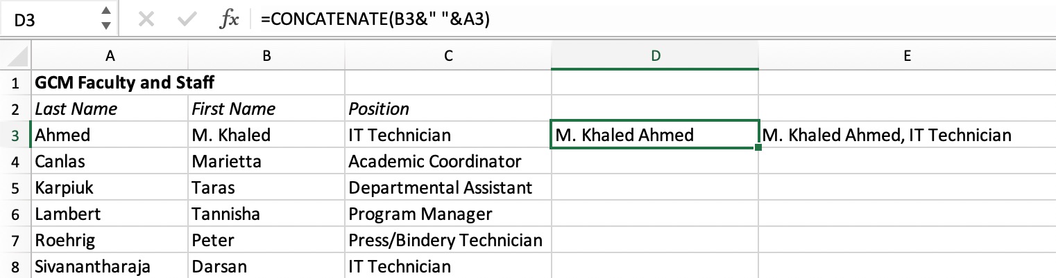 Screen capture of an Excel table containing the Concatenate function
