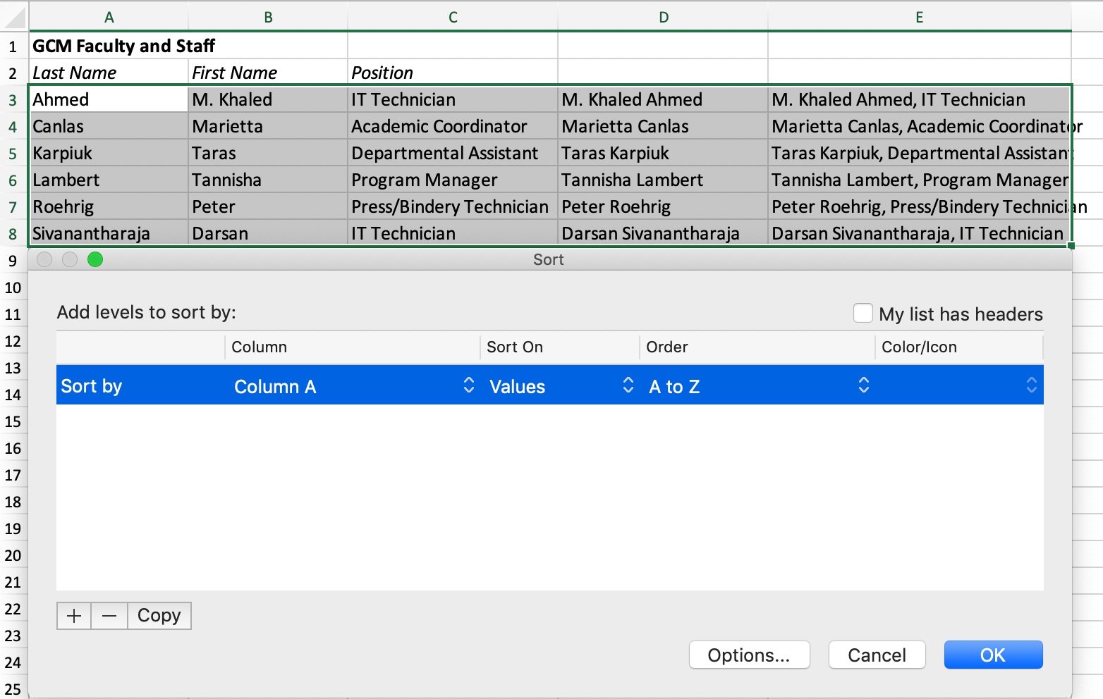 Screen capture of an Excel table demonstrating the use of Sort function